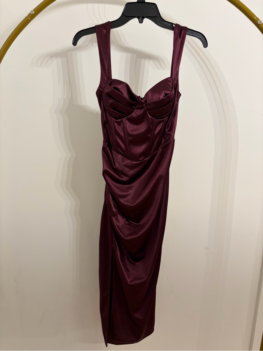 Windsor Wine Satin Structured Bodice Midi Dress